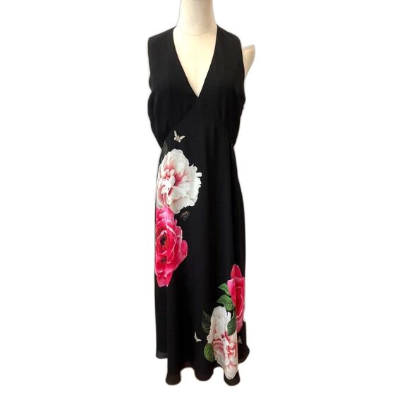 Ted Baker Ulna Magnificent Midi Dress Black w/Large Floral Print Sleeveless 6/8 - Picture 1 of 9